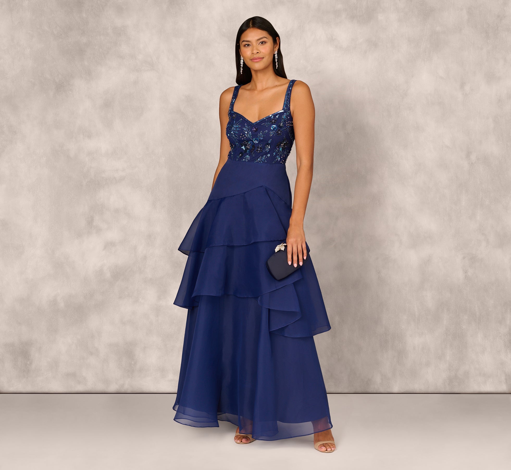 Tiered Organza Gown With Beaded Bodice In Navy