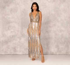 Fully Beaded Plunge Long Dress In Silver Multi