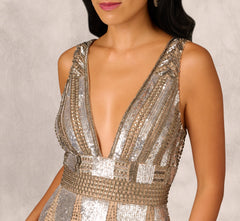 Fully Beaded Plunge Long Dress In Silver Multi