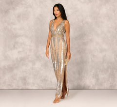 Fully Beaded Plunge Long Dress In Silver Multi