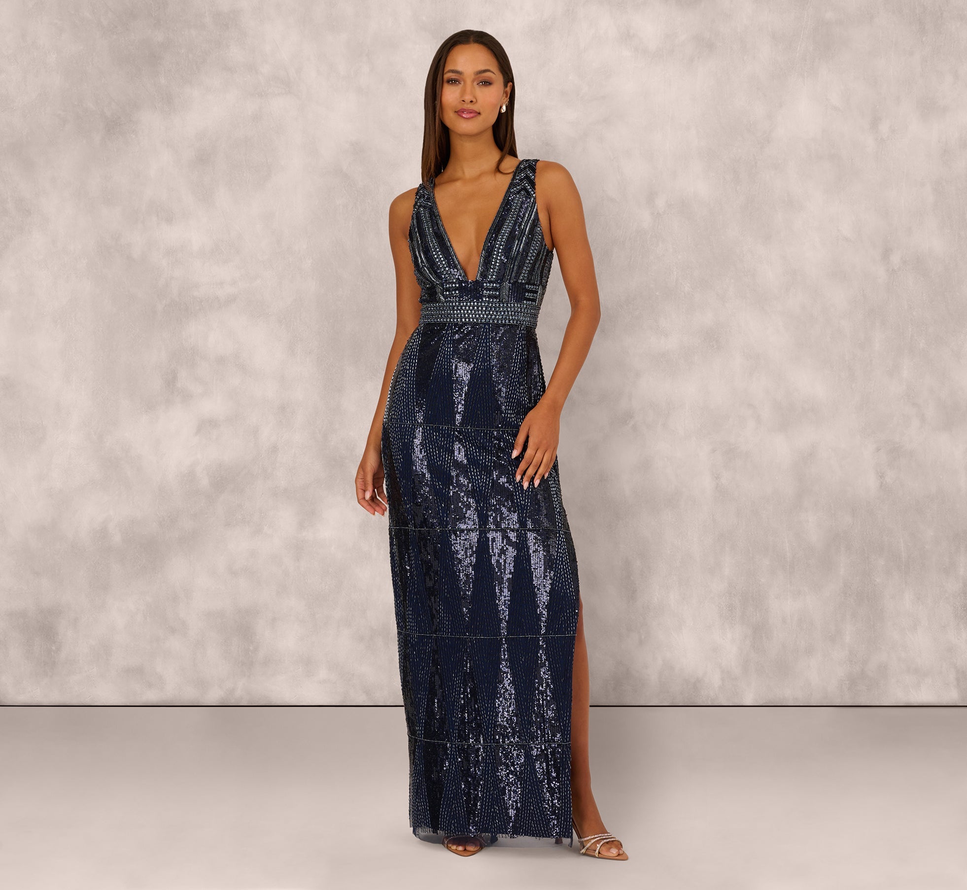 Fully Beaded Plunge Long Dress In Navy Gunmetal