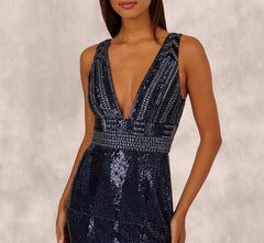 Fully Beaded Plunge Long Dress In Navy Gunmetal