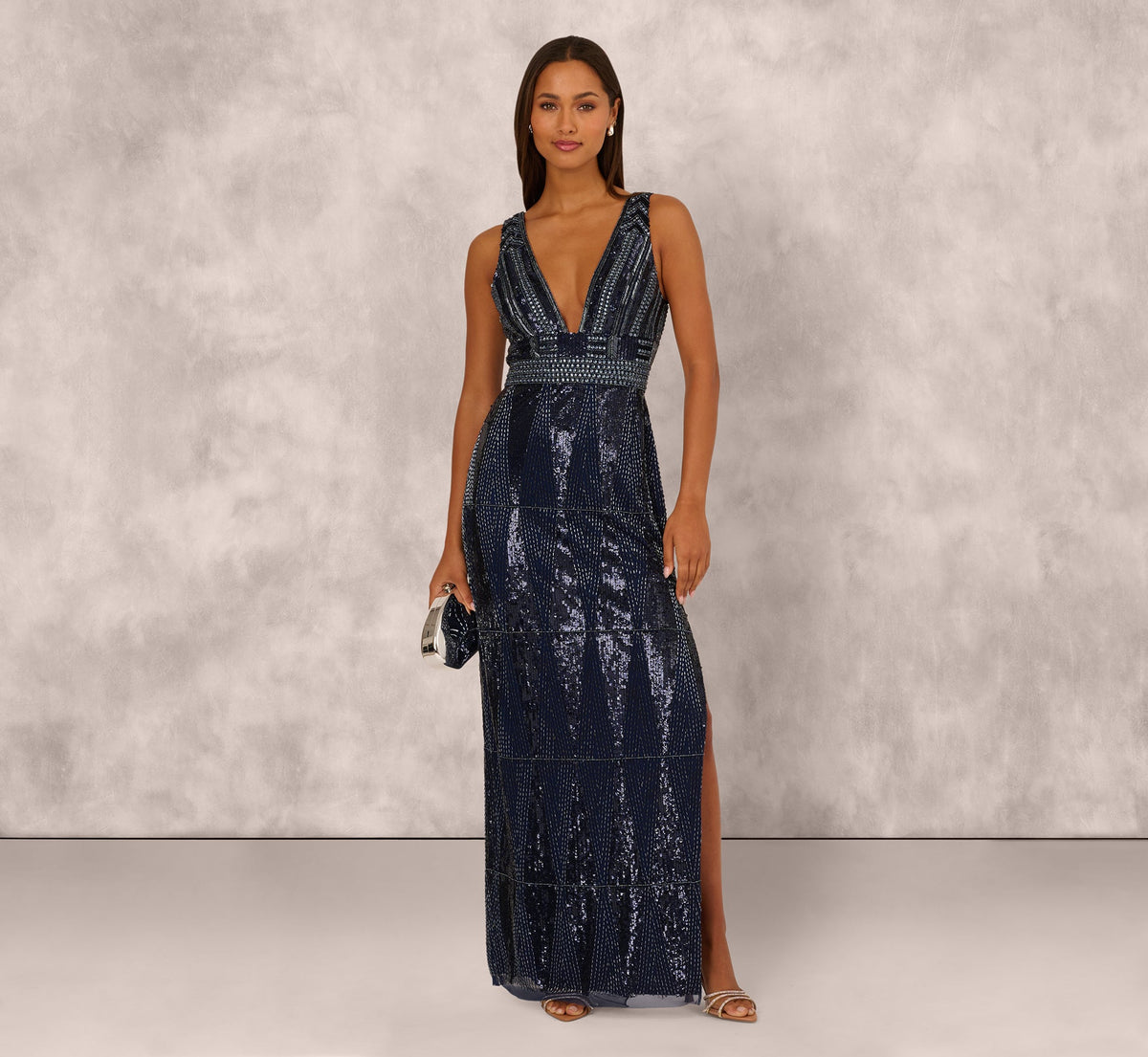 Fully Beaded Plunge Long Dress In Navy Gunmetal