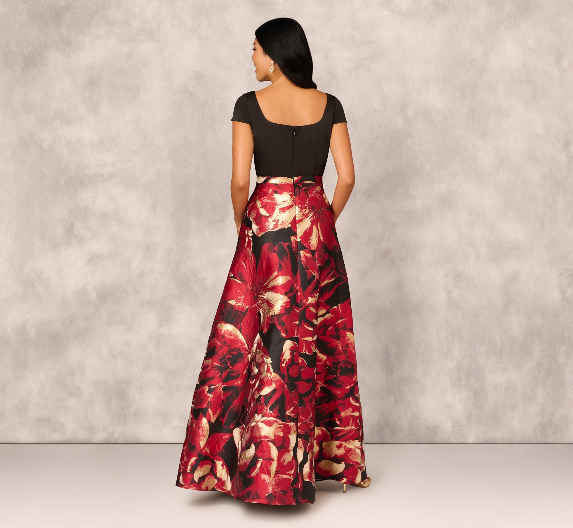 Combo Fabric Cap Sleeve Gown In Black Red Multi