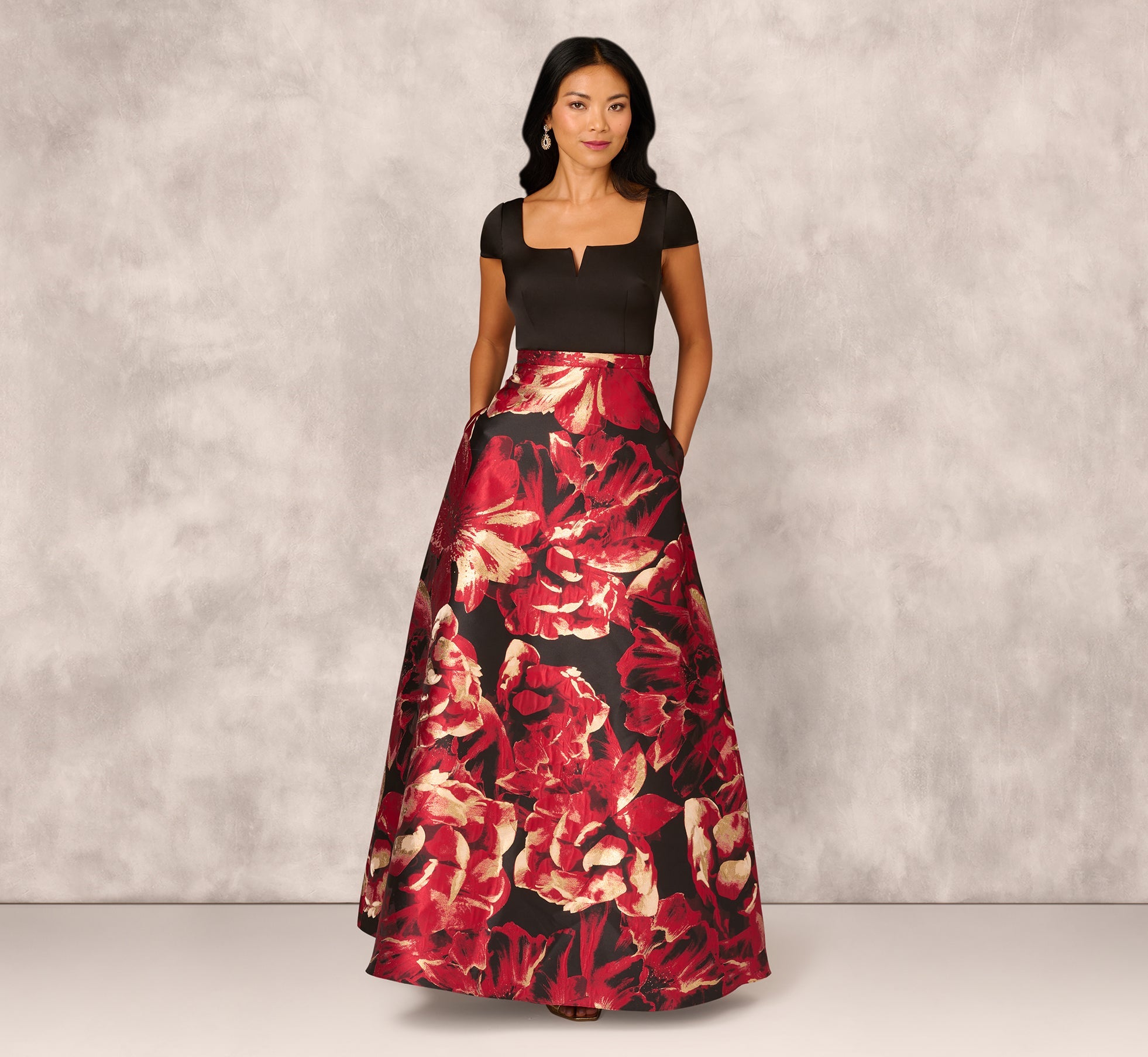 Combo Fabric Cap Sleeve Gown In Black Red Multi