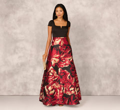Combo Fabric Cap Sleeve Gown In Black Red Multi