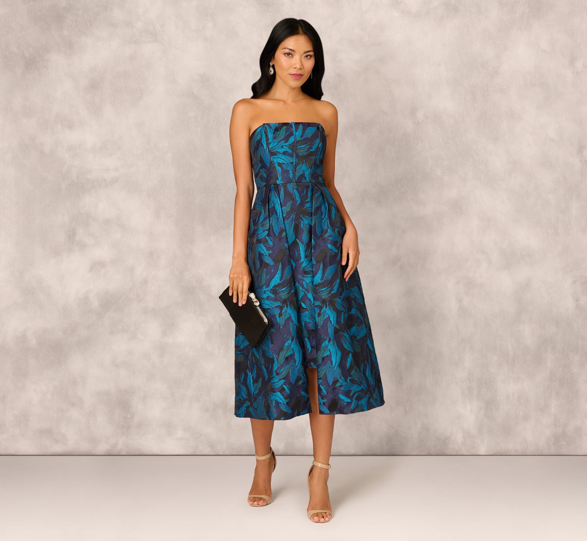 Floral Jacquard Midi Dress In Blue Black Multi