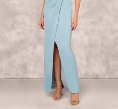 Off Shoulder Beaded Satin Combo Long Dress In Clear Water