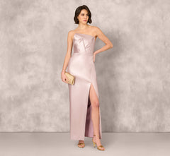 Strapless Draped Foil Mikado Gown In Mauve Silver
