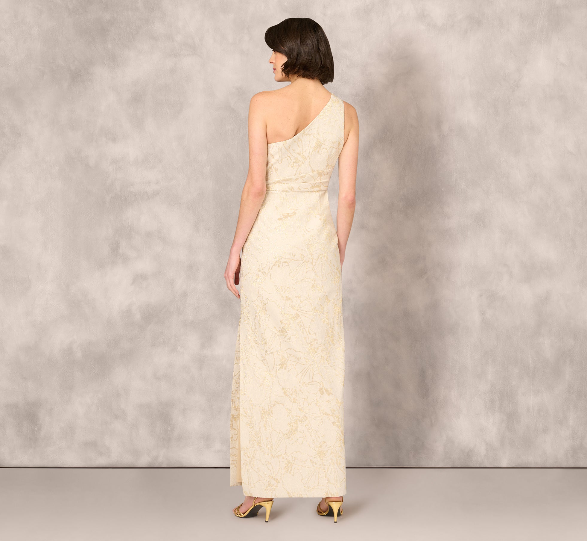 One Shoulder Metallic Stretch Jacquard Column Gown In Light Gold