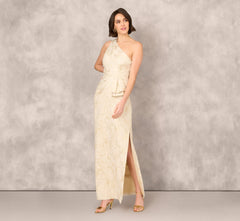 One Shoulder Metallic Stretch Jacquard Column Gown In Light Gold