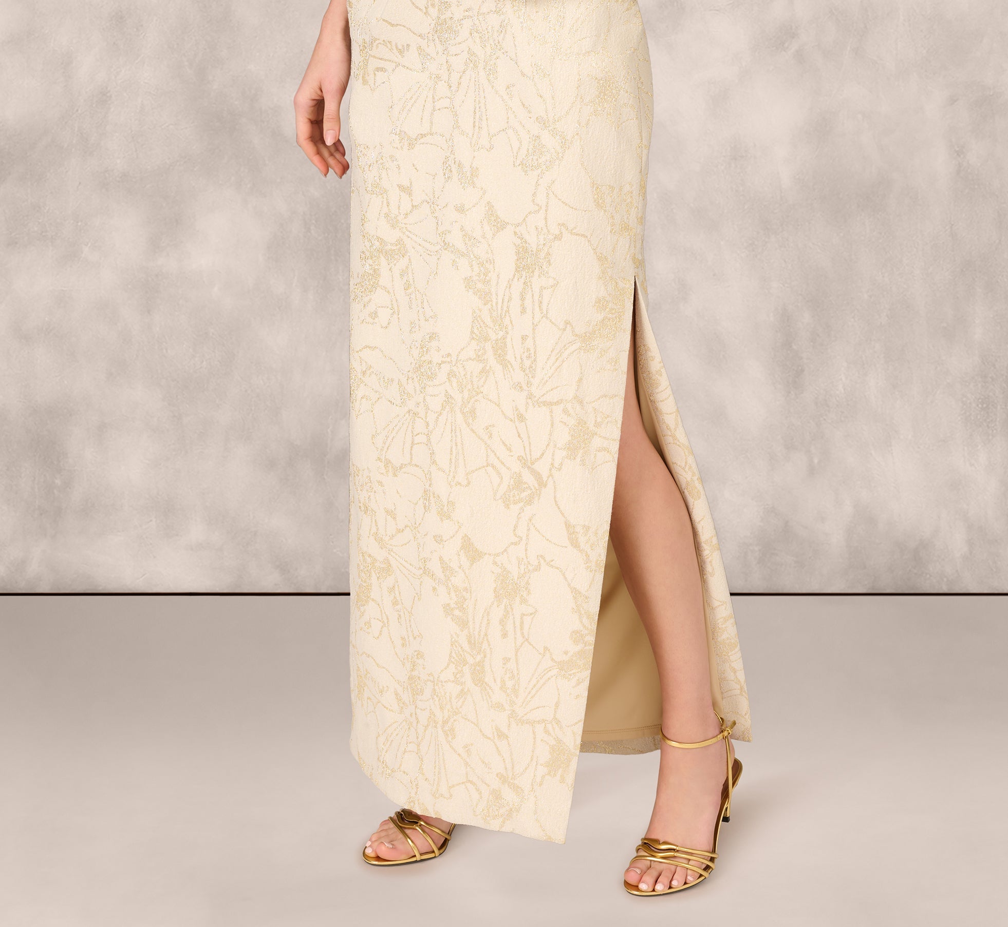 One Shoulder Metallic Stretch Jacquard Column Gown In Light Gold
