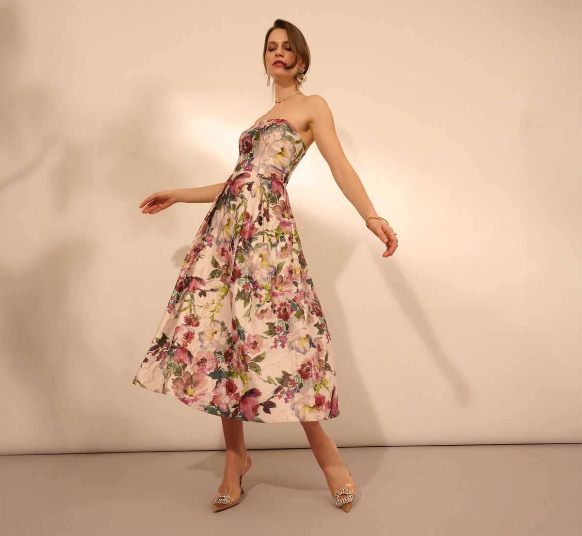 Strapless Floral Jacquard Midi Dress In Pink Multi