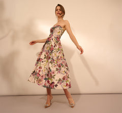 Strapless Floral Jacquard Midi Dress In Pink Multi