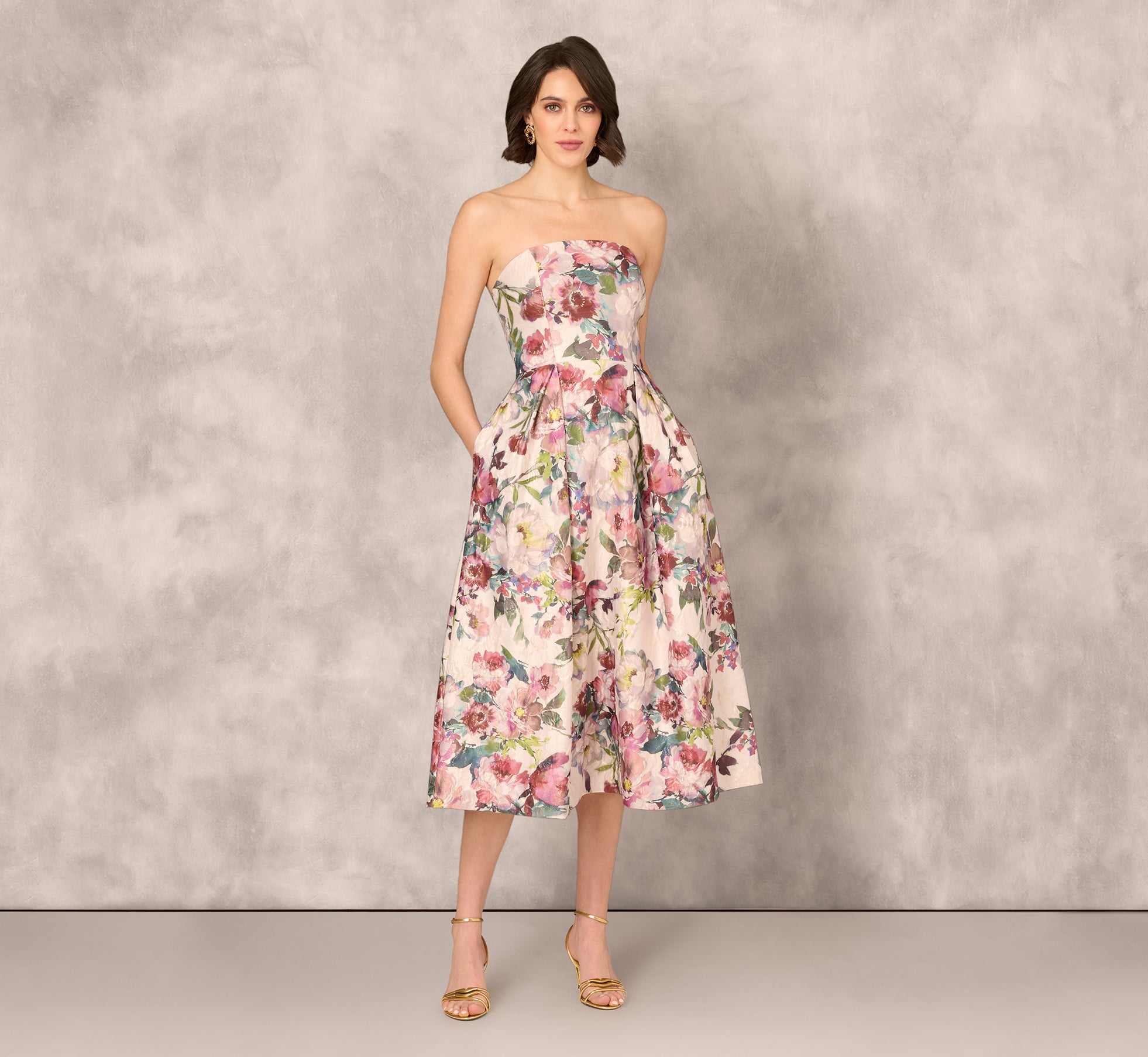 Strapless Floral Jacquard Midi Dress In Pink Multi