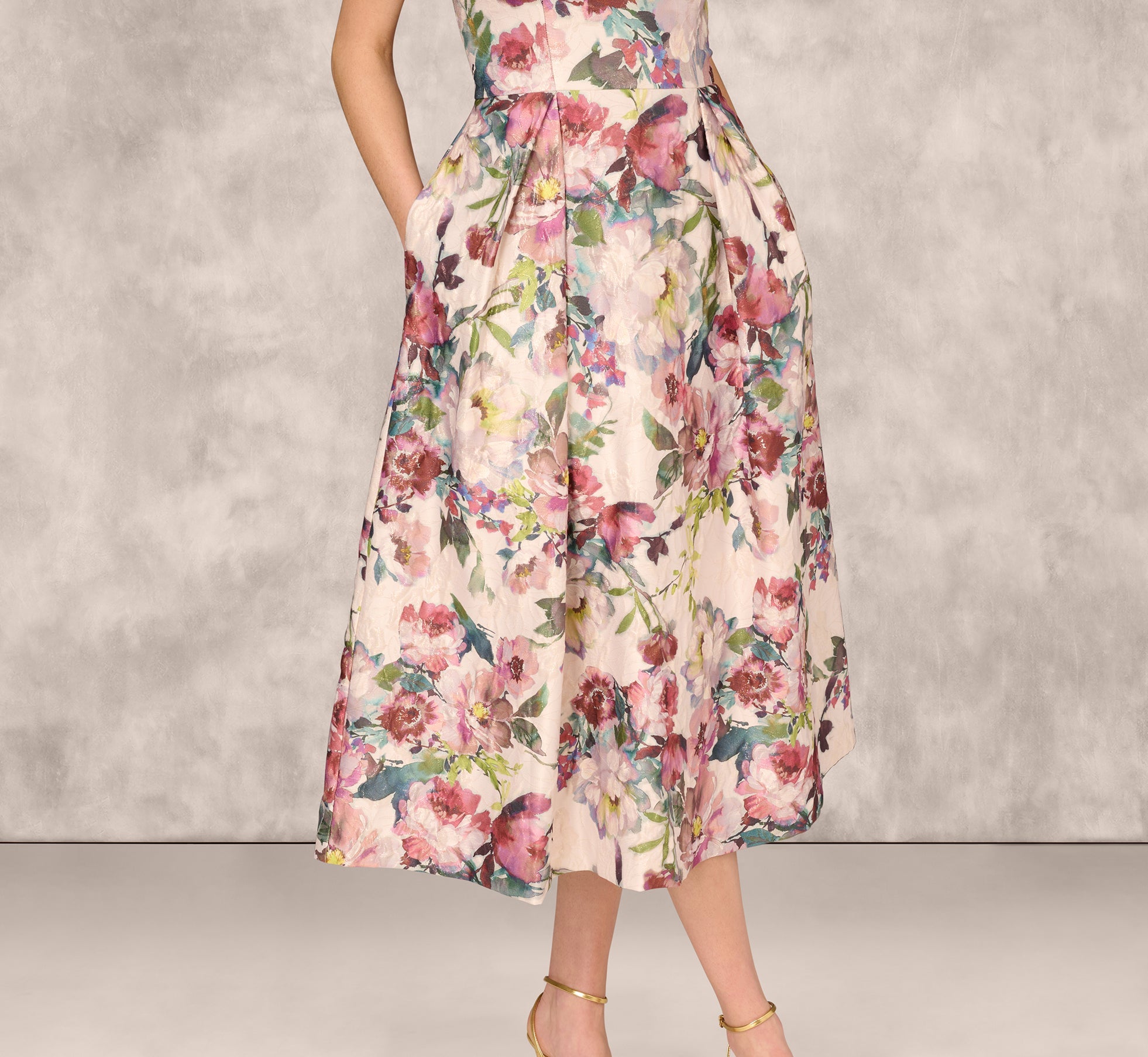 Strapless Floral Jacquard Midi Dress In Pink Multi