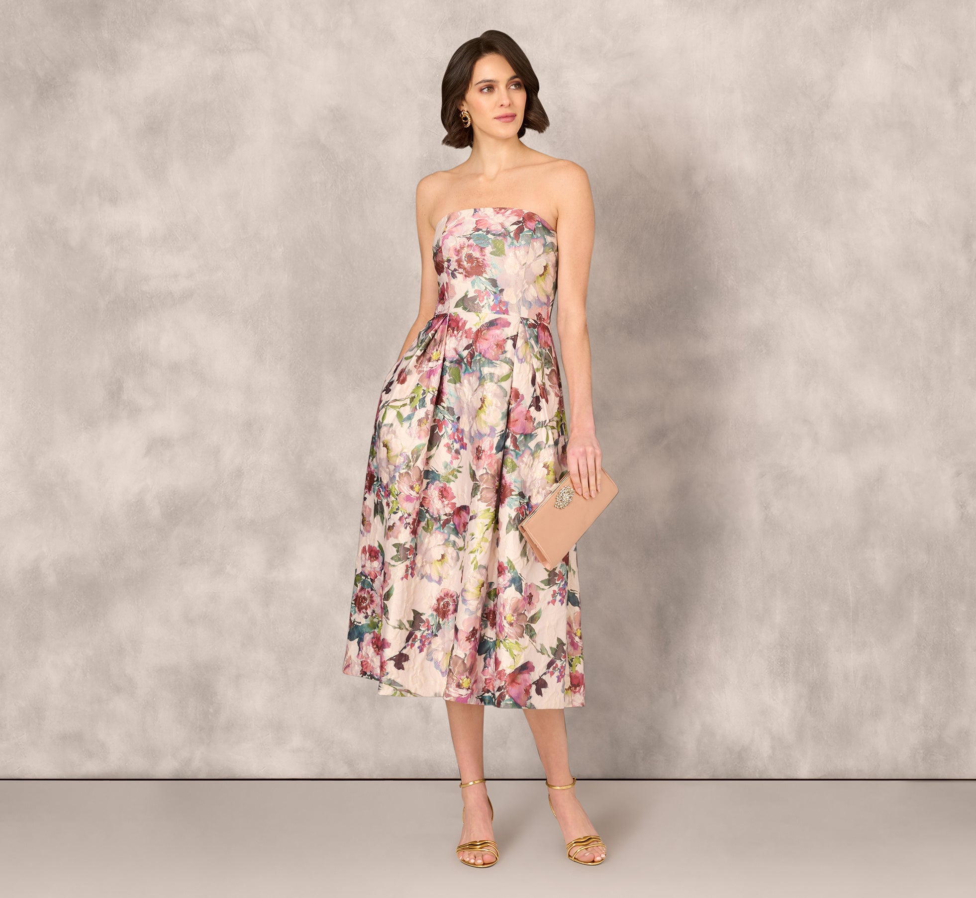 Strapless Floral Jacquard Midi Dress In Pink Multi