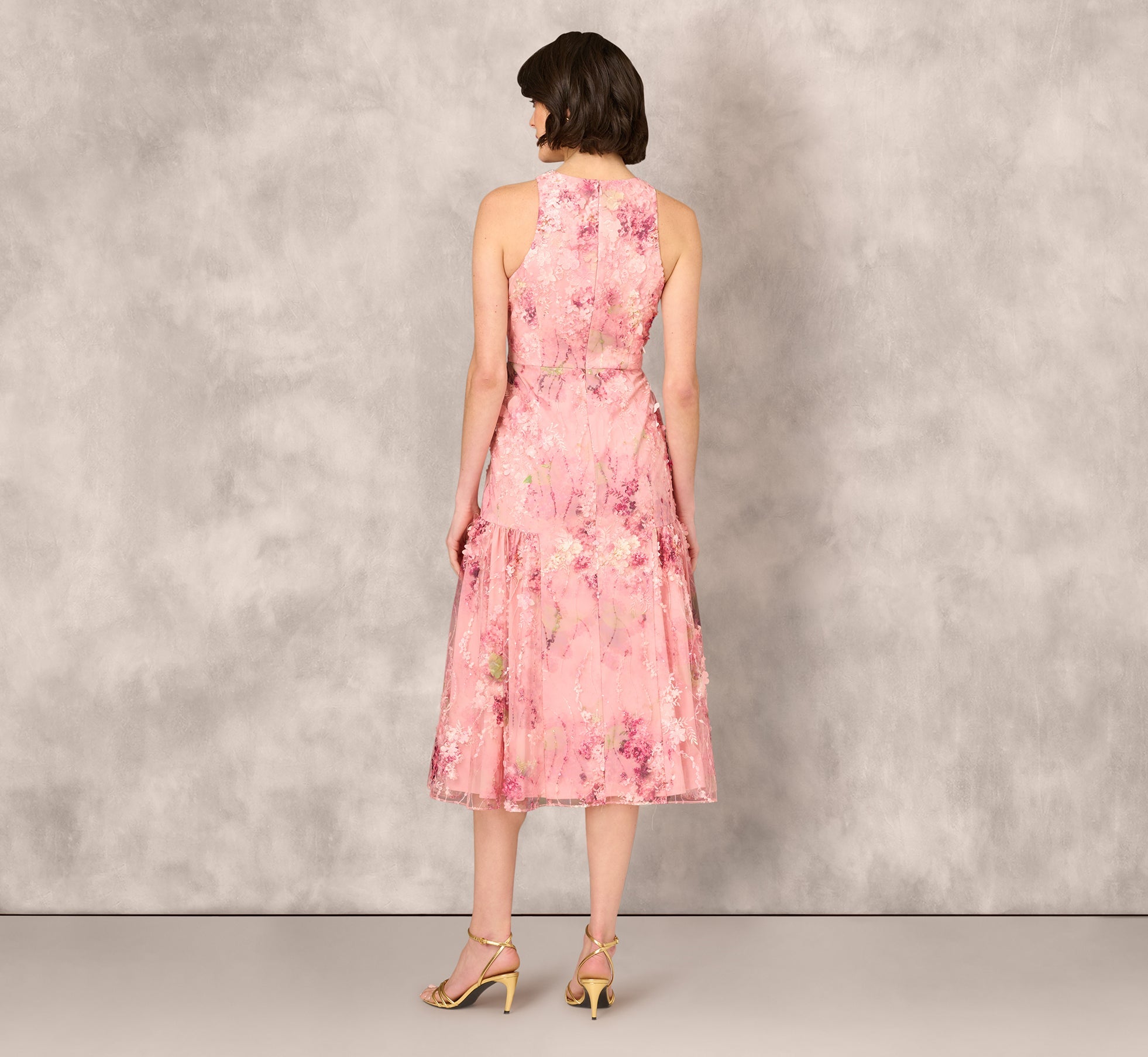 Sleeveless Embroidered Side Flounce Midi Dress In Pink Multi