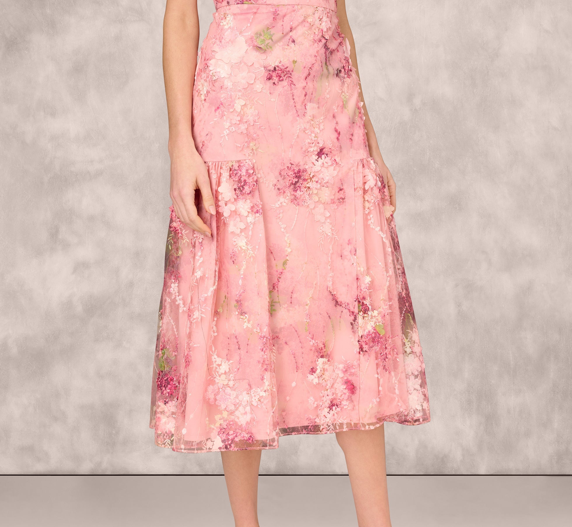 Sleeveless Embroidered Side Flounce Midi Dress In Pink Multi