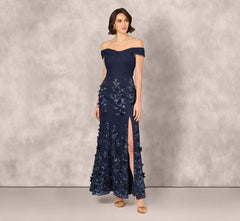 Off Shoulder Sequin Embroidery Mermaid Gown In Navy