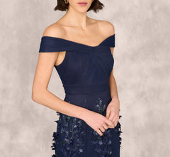 Off Shoulder Sequin Embroidery Mermaid Gown In Navy