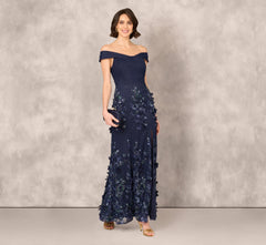Off Shoulder Sequin Embroidery Mermaid Gown In Navy