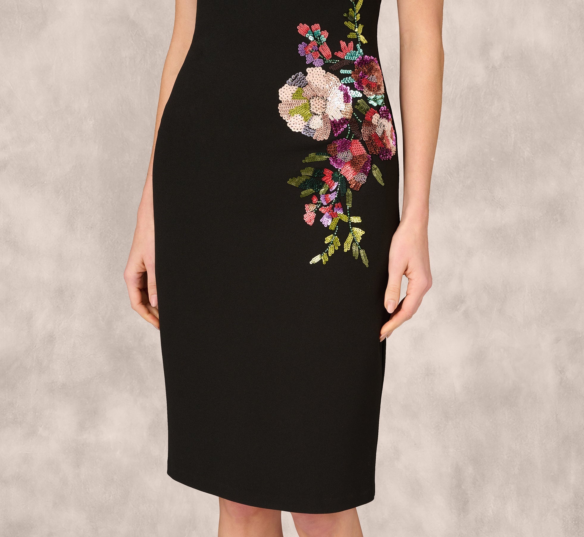 Sleeveless Sequin Flower Sheath Midi Dress In Black
