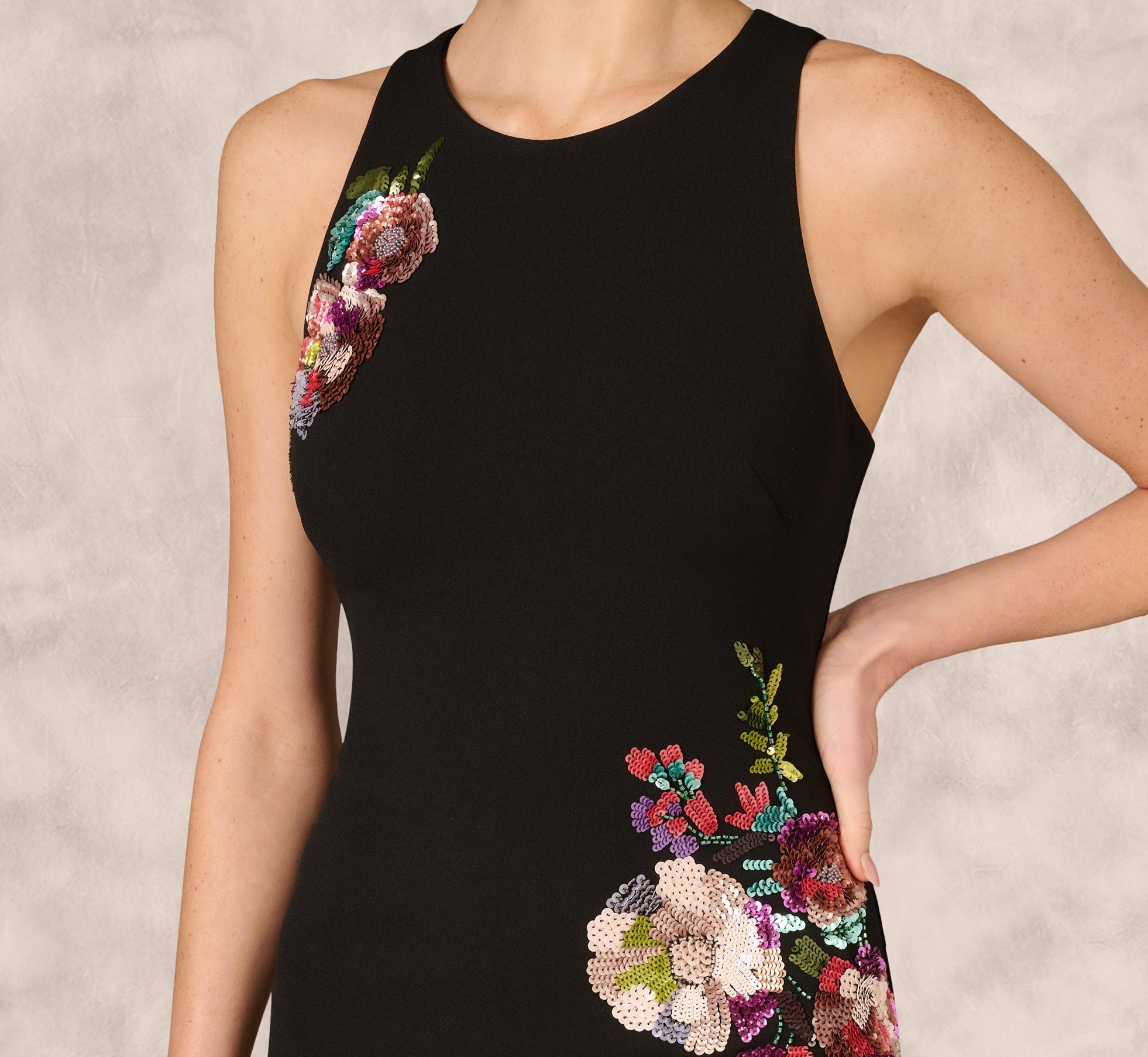 Sleeveless Sequin Flower Sheath Midi Dress In Black