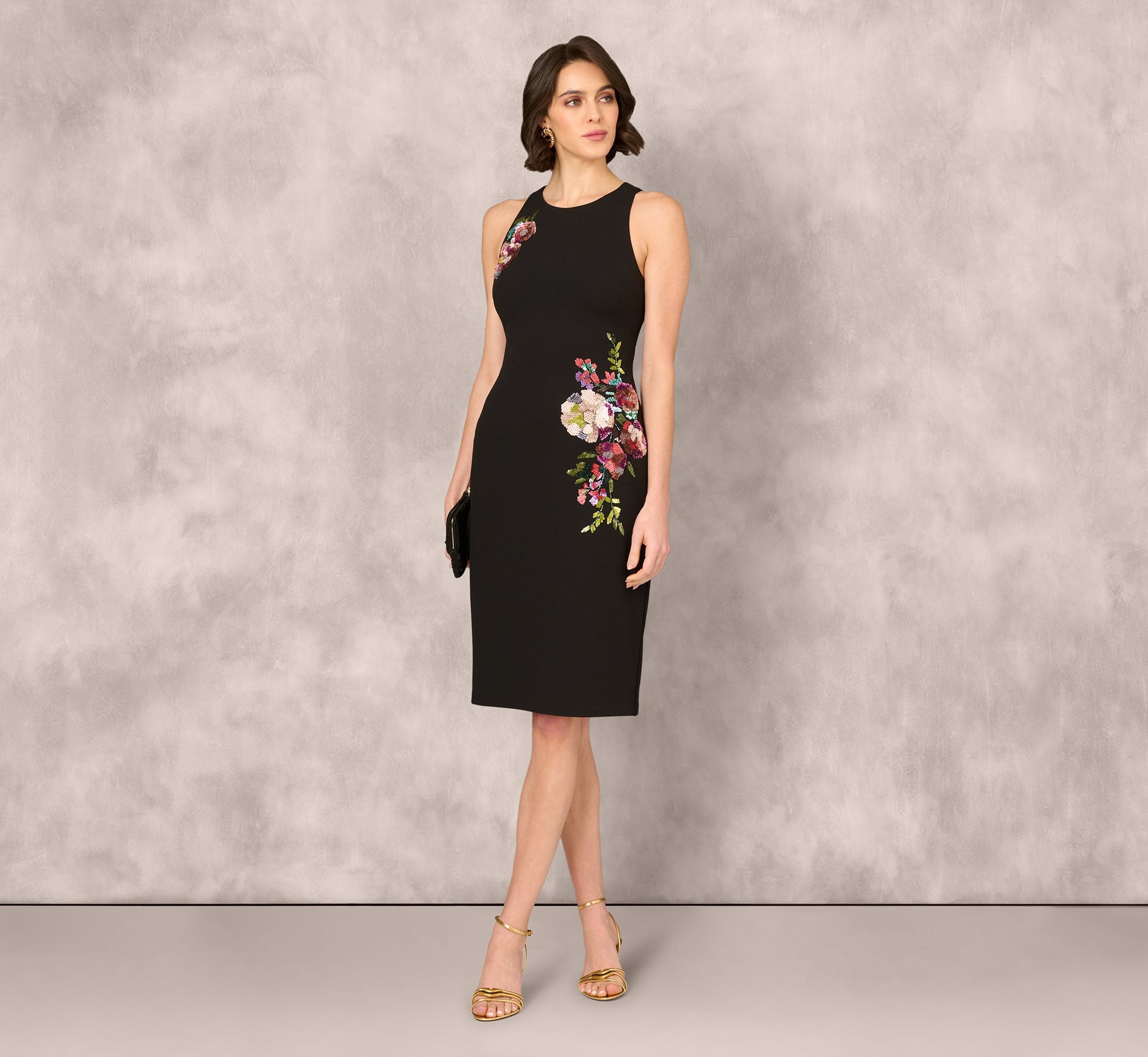Sleeveless Sequin Flower Sheath Midi Dress In Black