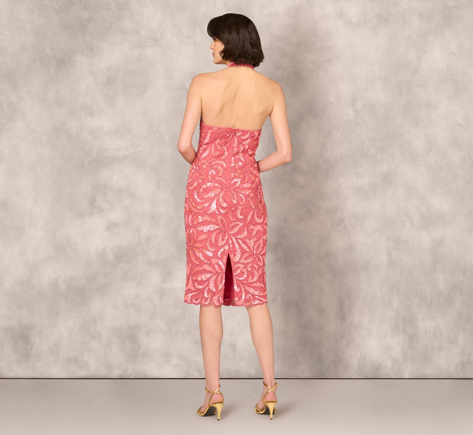 Beaded Halter Midi Sheath Dress In Summer Rose