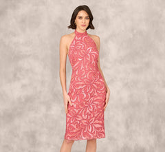 Beaded Halter Midi Sheath Dress In Summer Rose