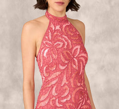 Beaded Halter Midi Sheath Dress In Summer Rose