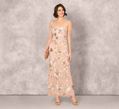 Sleeveless Square Neck Floral Beaded Column Gown In Pink