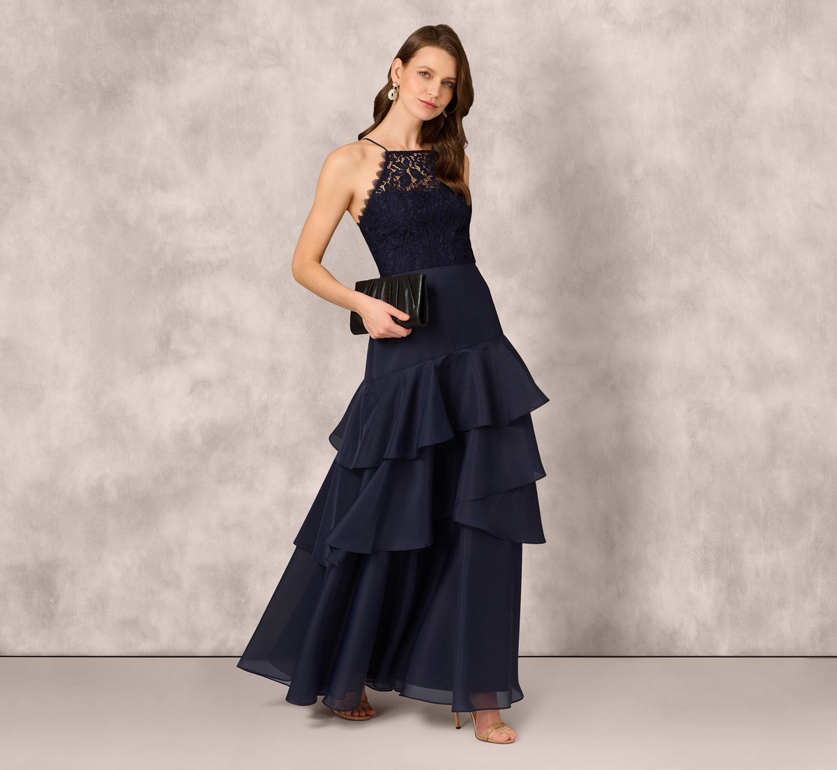 Lace Organza Halter Ballgown In Navy