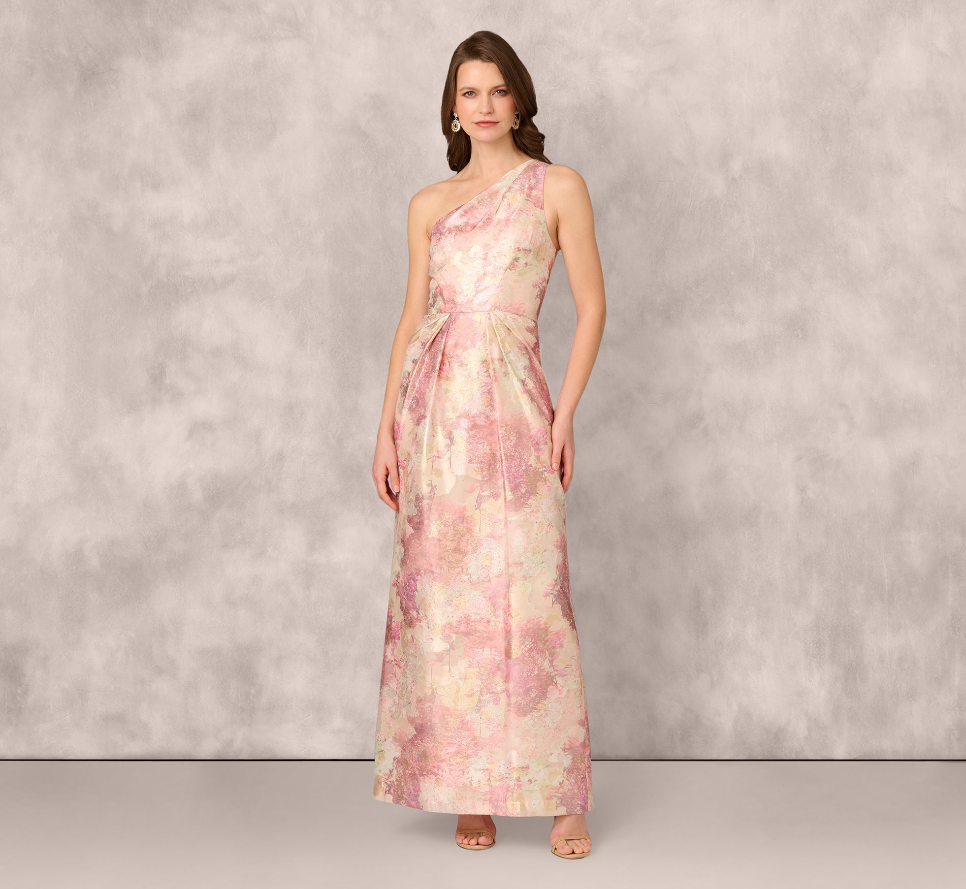 One Shoulder Pleated Jacquard Column Gown In Pink Multi