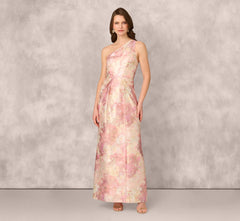 One Shoulder Pleated Jacquard Column Gown In Pink Multi