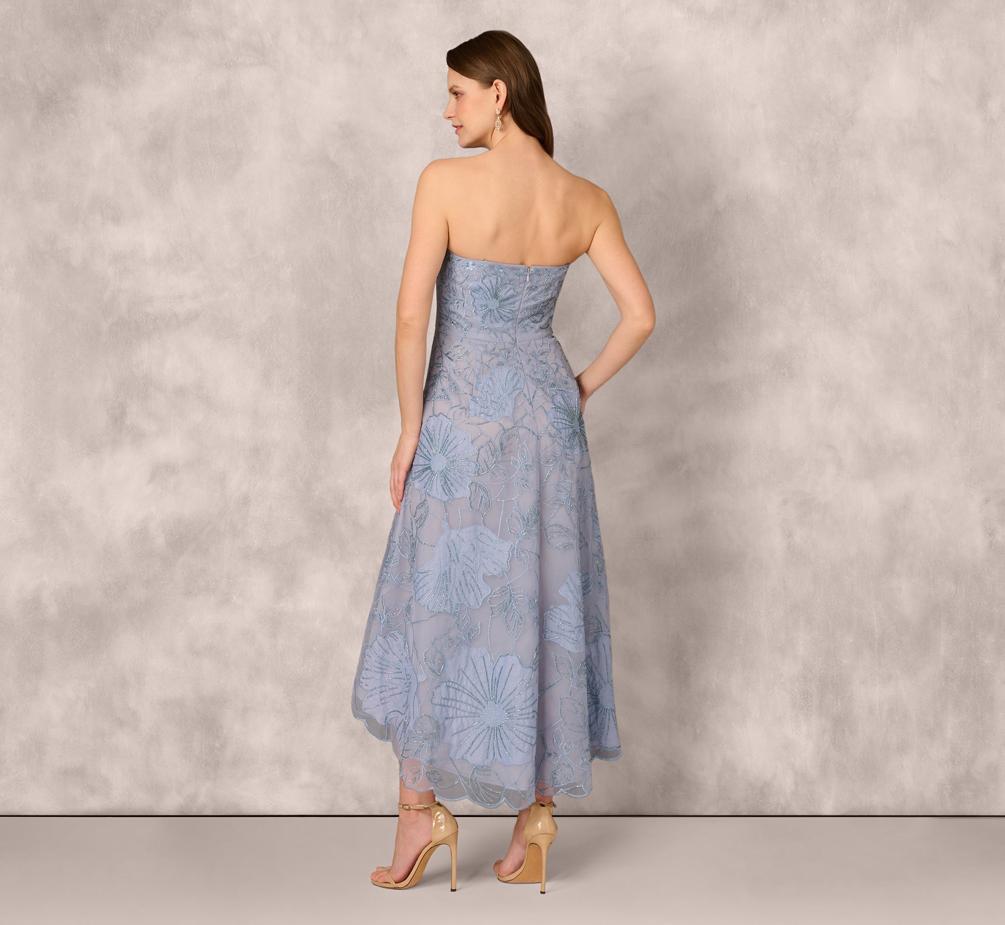 Strapless Floral Embroidered High Low Midi Dress In Blue Cloud