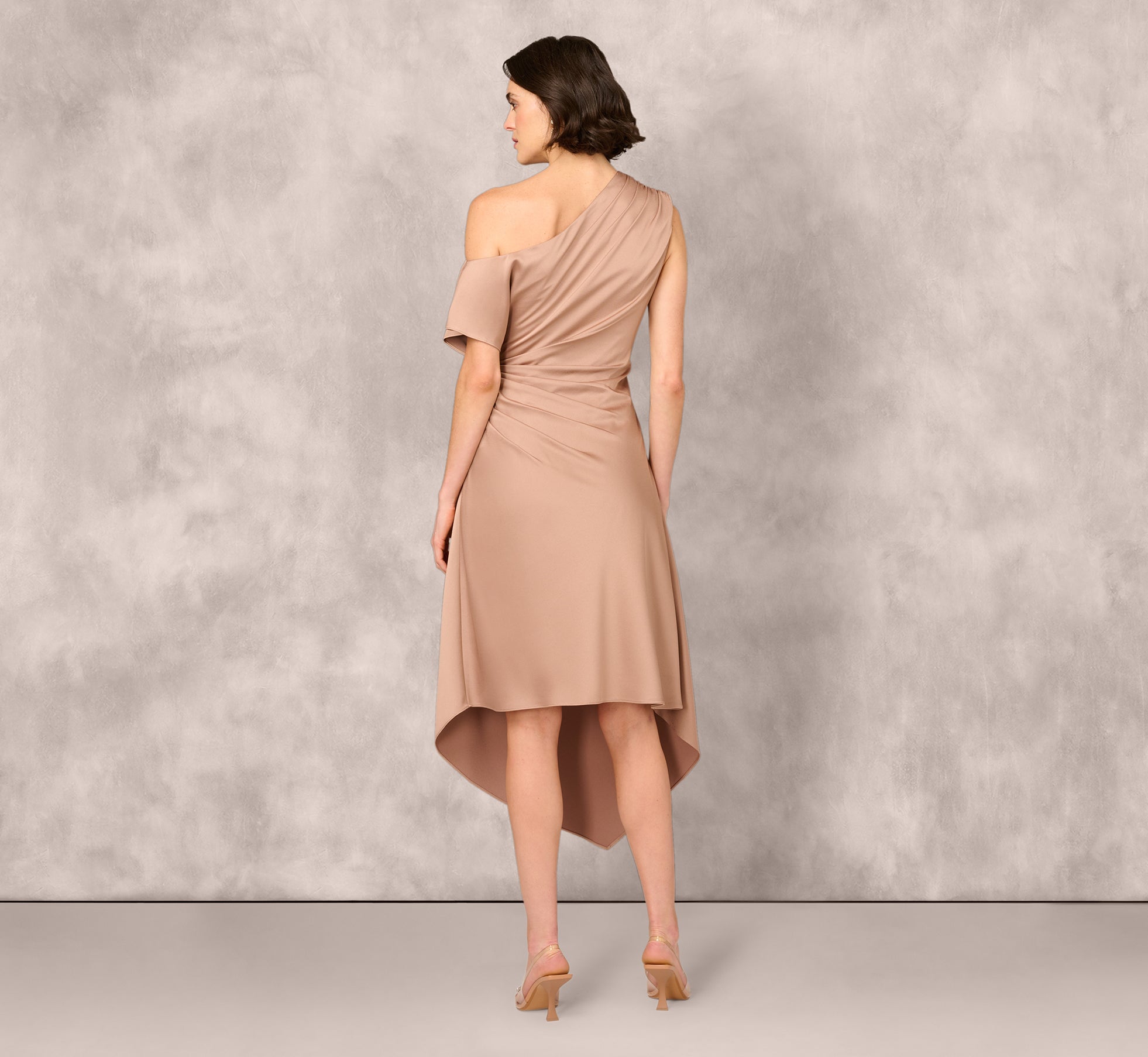 One Shoulder Asymmetrical Draped Satin Midi Dress In Cafe Mocha
