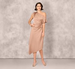 One Shoulder Asymmetrical Draped Satin Midi Dress In Cafe Mocha