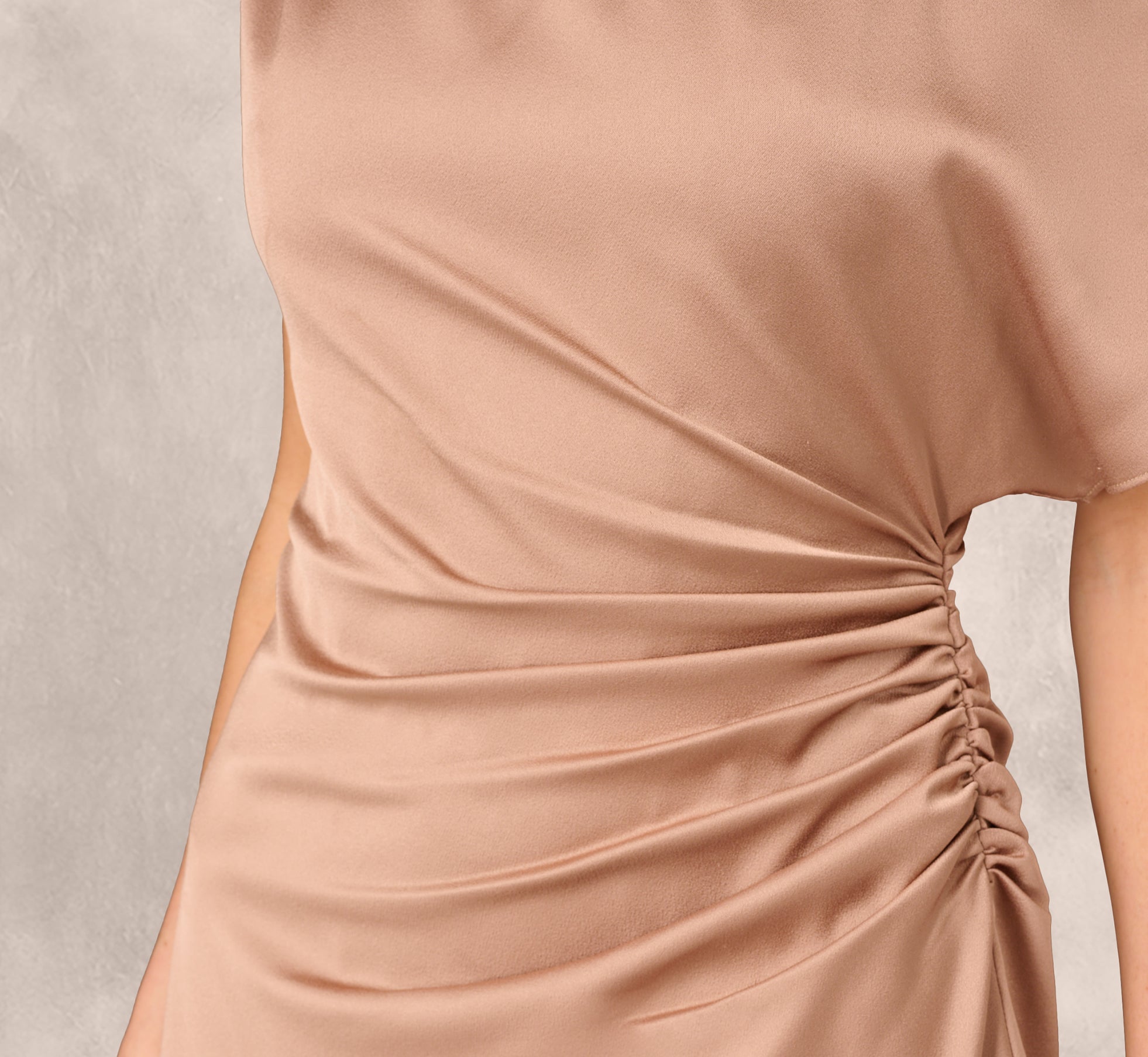 One Shoulder Asymmetrical Draped Satin Midi Dress In Cafe Mocha