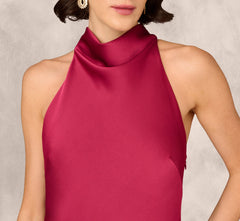 Bias Cut Satin Cowl Halter Gown In Meritage