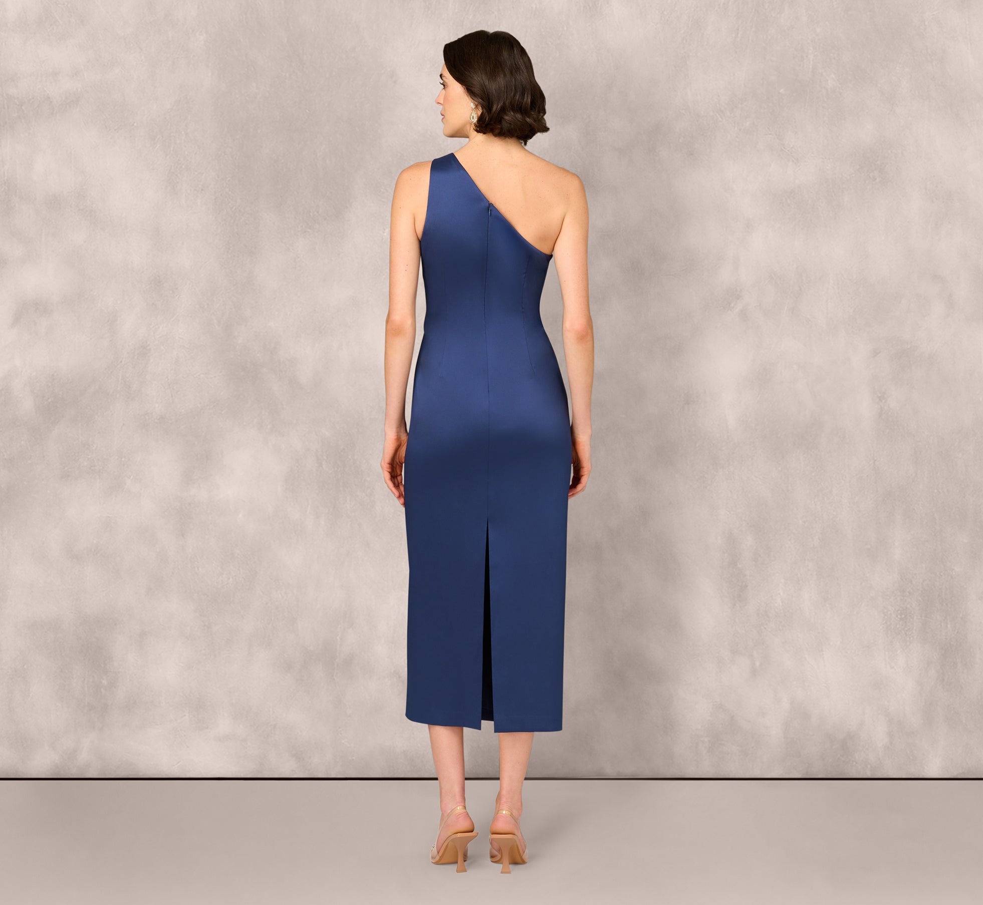 One Shoulder Satin Pleat Midi Dress In Navy