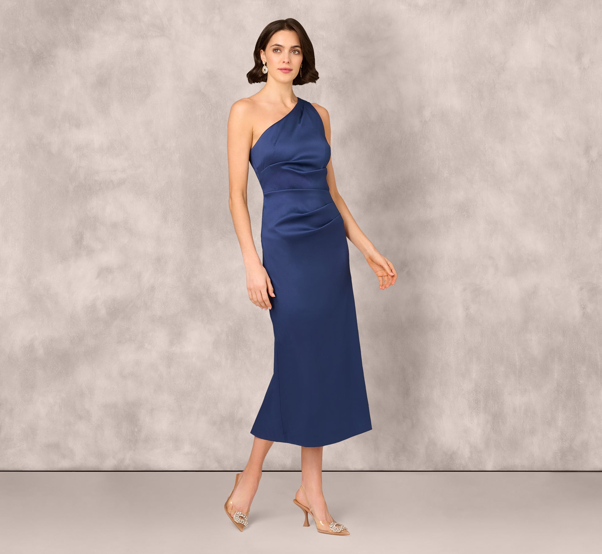 One Shoulder Satin Pleat Midi Dress In Navy