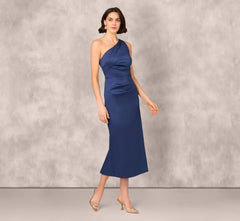 One Shoulder Satin Pleat Midi Dress In Navy