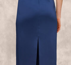 One Shoulder Satin Pleat Midi Dress In Navy