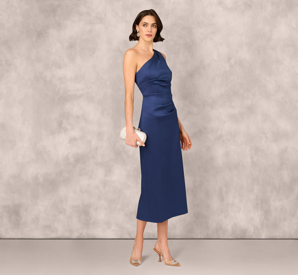 One Shoulder Satin Pleat Midi Dress In Navy