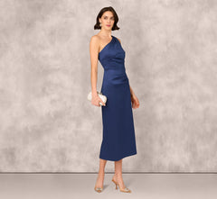 One Shoulder Satin Pleat Midi Dress In Navy