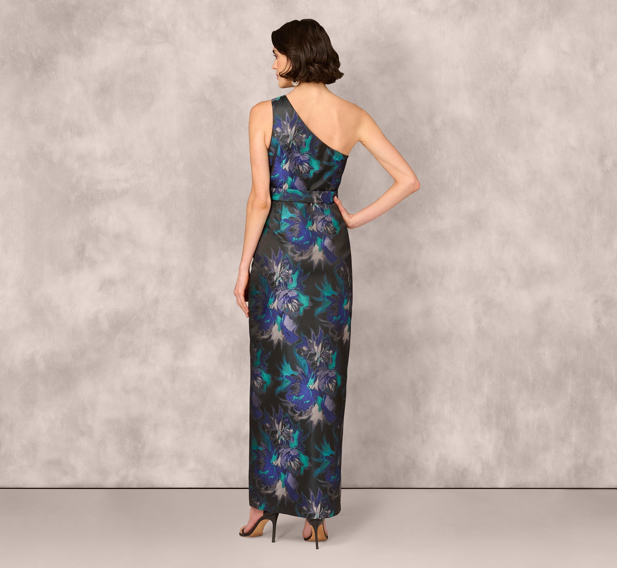 One Shoulder Floral Jacquard Belted Gown In Blue Multi