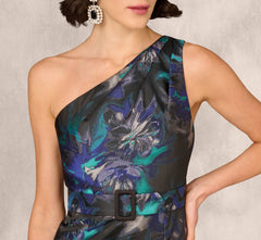 One Shoulder Floral Jacquard Belted Gown In Blue Multi