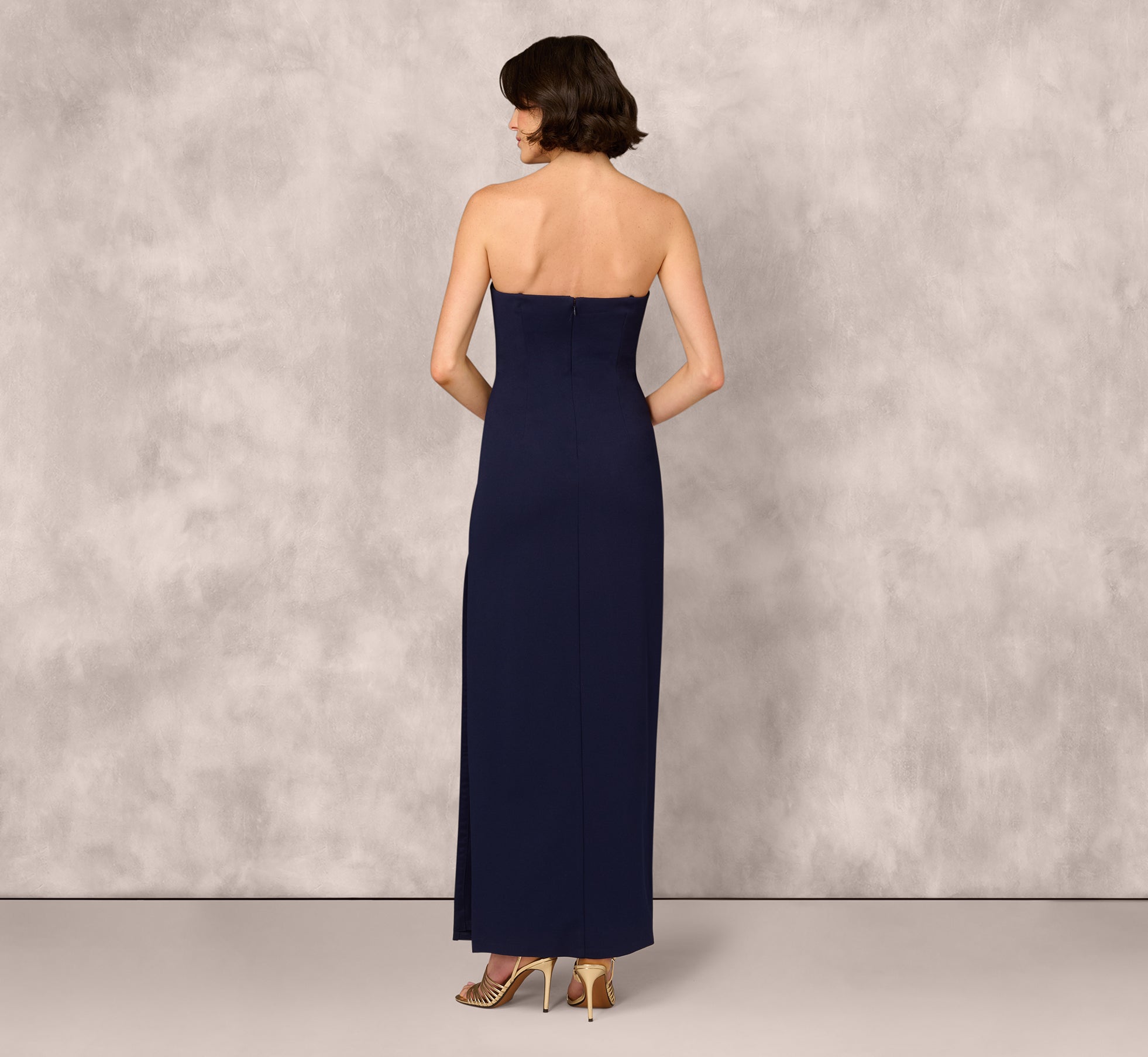 Strapless Floral Sequin Beaded Column Gown In Navy